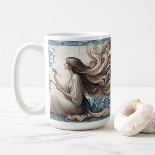 Elegante kunstenaarsvrouw – Blue Tegel Art Illustr Koffiemok