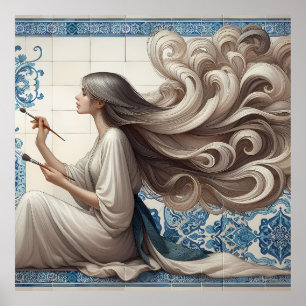Elegante kunstenaarsvrouw – Blue Tegel Art Illustr Poster