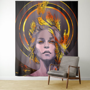 Elegante kunstprint met gouden tarwe en vogel wandkleed