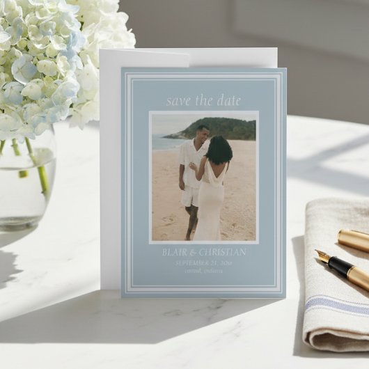 Elegante Kust Blauw Moderne Trouwfoto Save The Date