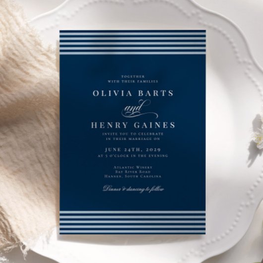 Elegante kust blauwe streep bruiloft kaart