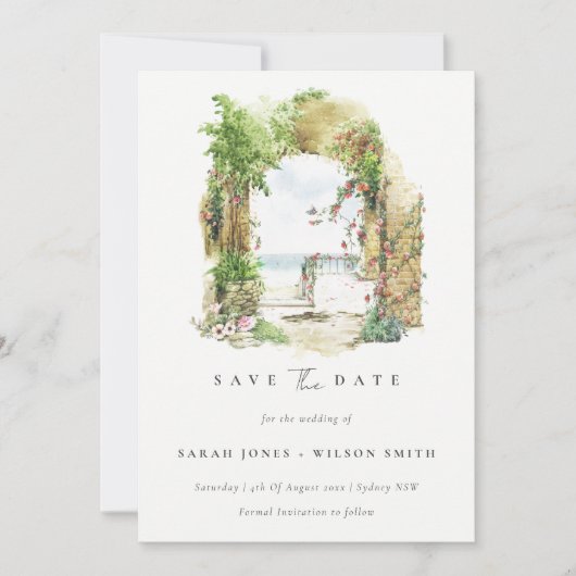 Elegante kust botanische boog zand strand zeezicht save the date (Voorkant)