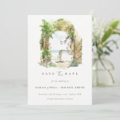 Elegante kust botanische boog zand strand zeezicht save the date (Staand voorkant)