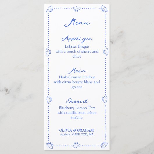 Elegante kust hand getrokken zeeschelp blauwe brui menu (Voorkant)