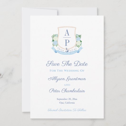 Elegante Kust Monogram Trouwkam Save The Date (Voorkant)