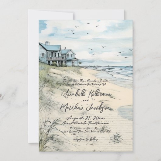 Elegante  kust strand bruiloft kaart (Voorkant)