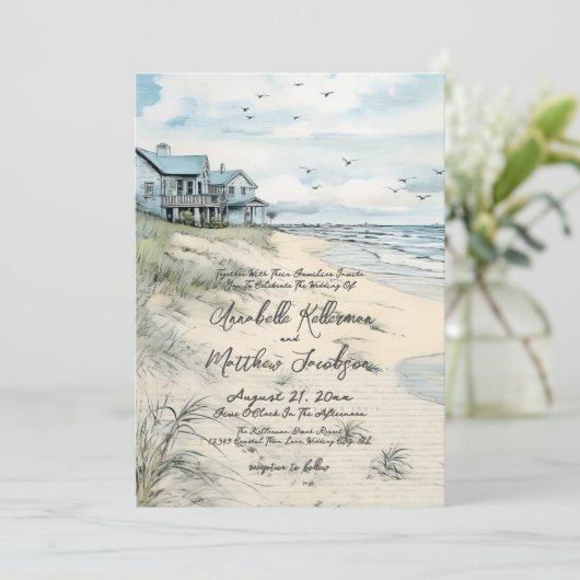 Elegante  kust strand bruiloft kaart (Staand voorkant)