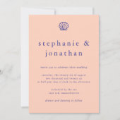 Elegante kust strand perzik marine blauwe bruiloft kaart (Voorkant)