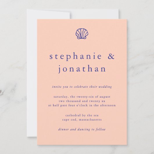 Elegante kust strand perzik marine blauwe bruiloft kaart (Voorkant)