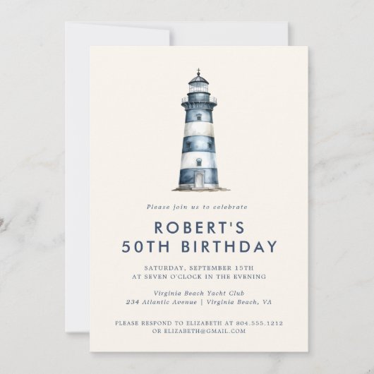 Elegante Kust Vuurtoren Volwassen Verjaardagsfeest Kaart (Voorkant)