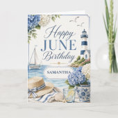 Elegante Kust Zomer Aangepaste Naam Juni Verjaarda Kaart (Voorkant)