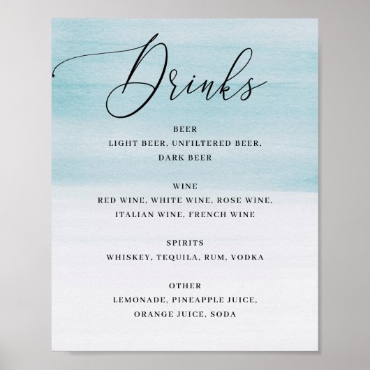 Elegante Kustbruiloft | Blauwe Aquarel Dranken Poster (Voorkant)