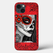 Elegante La Catrina Skull Art – Zwart, Wit & Rood Case-Mate iPhone Case (Achterkant)