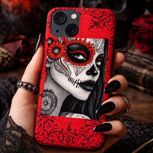 Elegante La Catrina Skull Art – Zwart, Wit & Rood Case-Mate iPhone Case