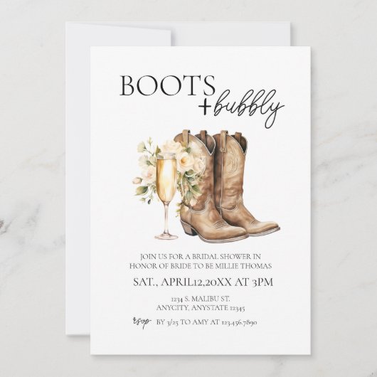 Elegante laarzen en Bubbly Bruids Douche Uitnodigi Kaart (Voorkant)