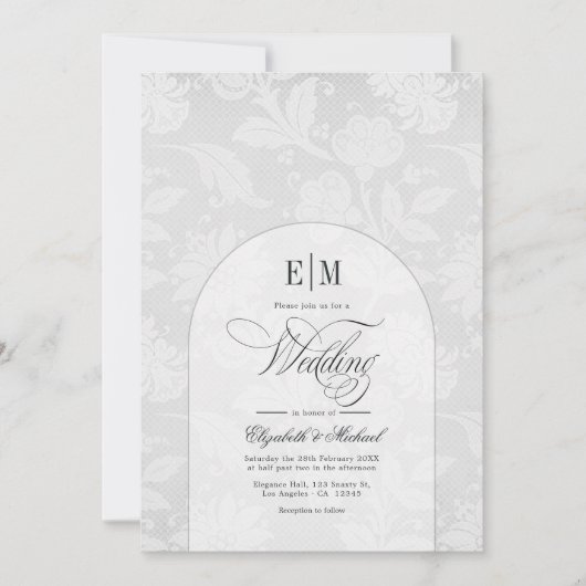 Elegante Lace Arch Monogram Witte Huwelijk Kaart (Voorkant)