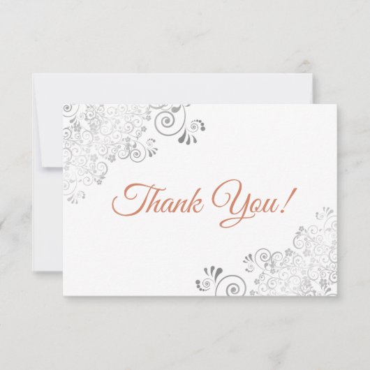 Elegante Lacy Silver & Terracotta op witte bruilof Bedankkaart (Voorkant)