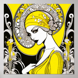 Elegante Lady Geel & Zwart Art Nouveau Poster
