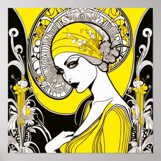 Elegante Lady Geel & Zwart Art Nouveau Poster (Voorkant)