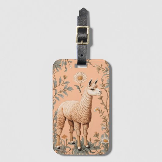 Elegante Lama en Daisy bloemen op perzik Bagagelabel (Voorkant (verticaal))