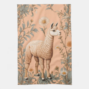 Elegante Lama en Daisy bloemen op perzik Theedoek