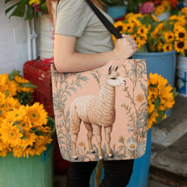 Elegante Lama en Daisy bloemen op perzik Tote Bag