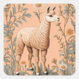 Elegante Lama en Daisy bloemen op perzik Vierkante Sticker