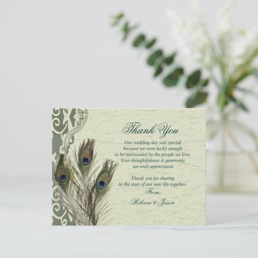 Elegante  land groene pauw dank u briefkaart (Staand voorkant)