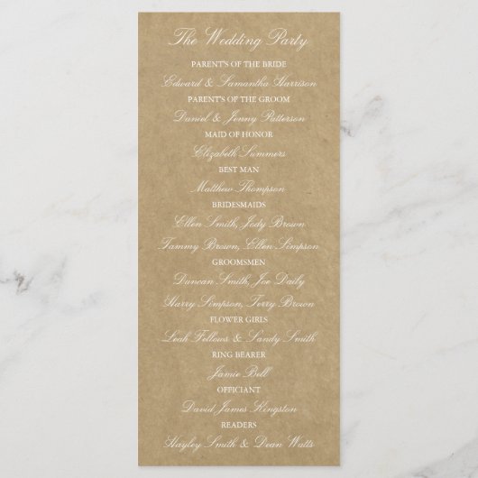 Elegante landelijke kraft-huwelijksprogramma sjabl programmakaart (Achterkant)