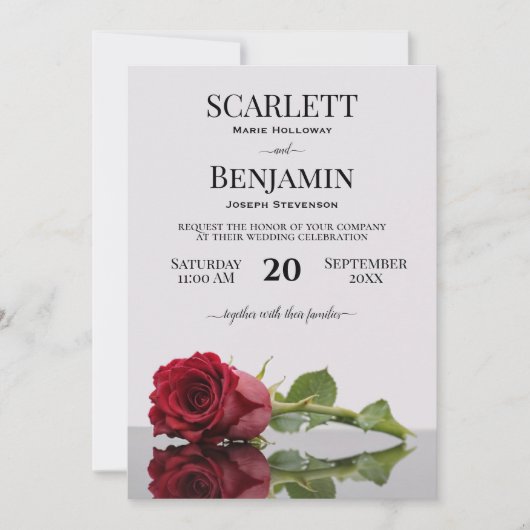 Elegante langstampige Crimson Red Rose bruiloft Kaart (Voorkant)