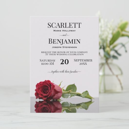 Elegante langstampige Crimson Red Rose bruiloft Kaart (Staand voorkant)