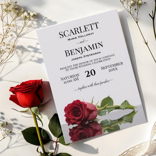 Elegante langstampige Crimson Red Rose bruiloft Kaart