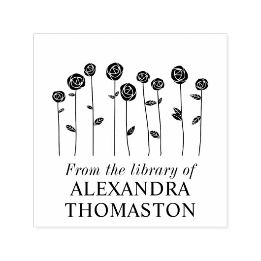Elegante langsteelrozen Bibliotheek Boeknaam Zelfinktende Stempel (Design)