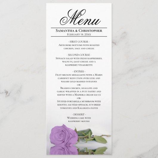 Elegante langstelige lila paarse roos bruiloft menu (Voorkant)