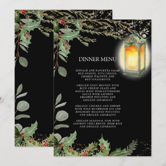 Elegante Lantaarn Winter Black Christmas Dinner Kaart (Voorkant / Achterkant)
