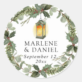 Elegante Lantaarn Winter White in Red Holly Envelo Ronde Sticker