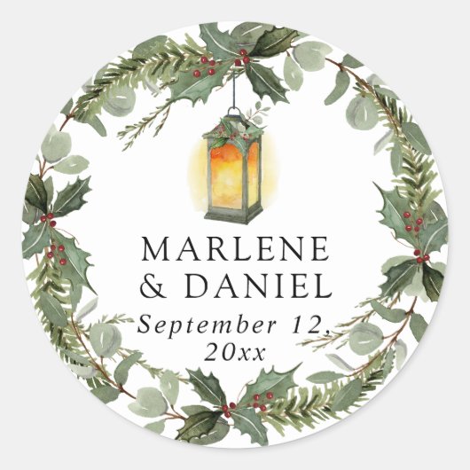 Elegante Lantaarn Winter White in Red Holly Envelo Ronde Sticker (Voorkant)