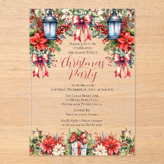 Elegante lantaarns | Kaarsen Bloemen Kerstfeest Acryl Uitnodigingen (Voorkant)