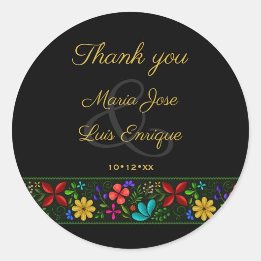 Elegante Latijns-Amerikaanse Zwarte Gouden Bloemig Ronde Sticker (Voorkant)