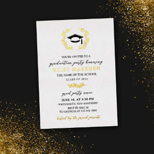 Elegante Laurel Krans Afstuderen Party Goud Folie Uitnodiging