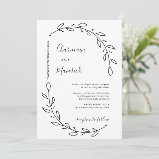 Elegante Laurel krans bruiloft Kaart (Staand voorkant)