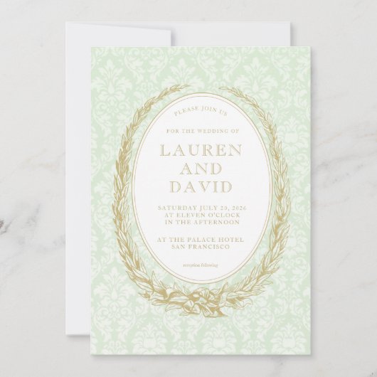 Elegante Laurel Krans | Green Damask Kaart (Voorkant)