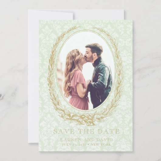 Elegante Laurel Krans | Groene Damaskfoto Save The Date (Voorkant)