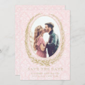 Elegante Laurel Krans | Roze Damask Foto Save The Date (Voorkant / Achterkant)