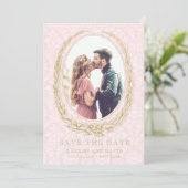 Elegante Laurel Krans | Roze Damask Foto Save The Date (Staand voorkant)