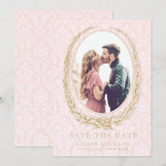 Elegante Laurel Krans | Roze Damask Foto Save The Date (Voorkant / Achterkant)