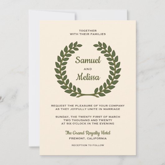 Elegante laurier bladeren krans bruiloft uitnodigi kaart (Voorkant)