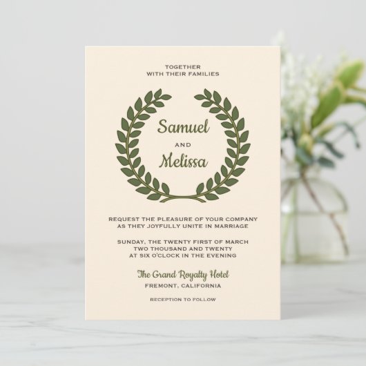 Elegante laurier bladeren krans bruiloft uitnodigi kaart (Staand voorkant)