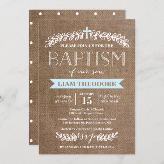 Elegante laurieren blauw | Doop uitnodiging (Voorkant / Achterkant)