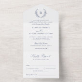 Elegante laurierkrans Blauwe Bruiloft Monogram Cre All In One Uitnodiging (Binnen)